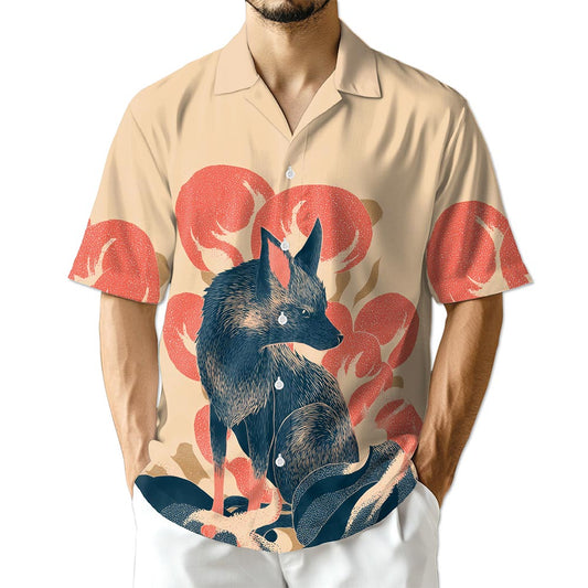 Netecom Japanese Fox Hawaiian Shirt for Men, Retro Style, Button Down Summer Beach Short Sleeve, S-5XL