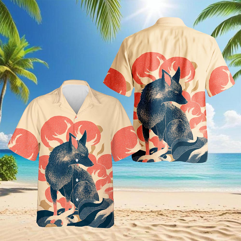 Netecom Japanese Fox Hawaiian Shirt for Men, Retro Style, Button Down Summer Beach Short Sleeve, S-5XL