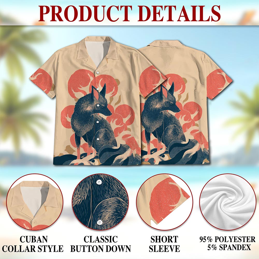 Netecom Japanese Fox Hawaiian Shirt for Men, Retro Style, Button Down Summer Beach Short Sleeve, S-5XL