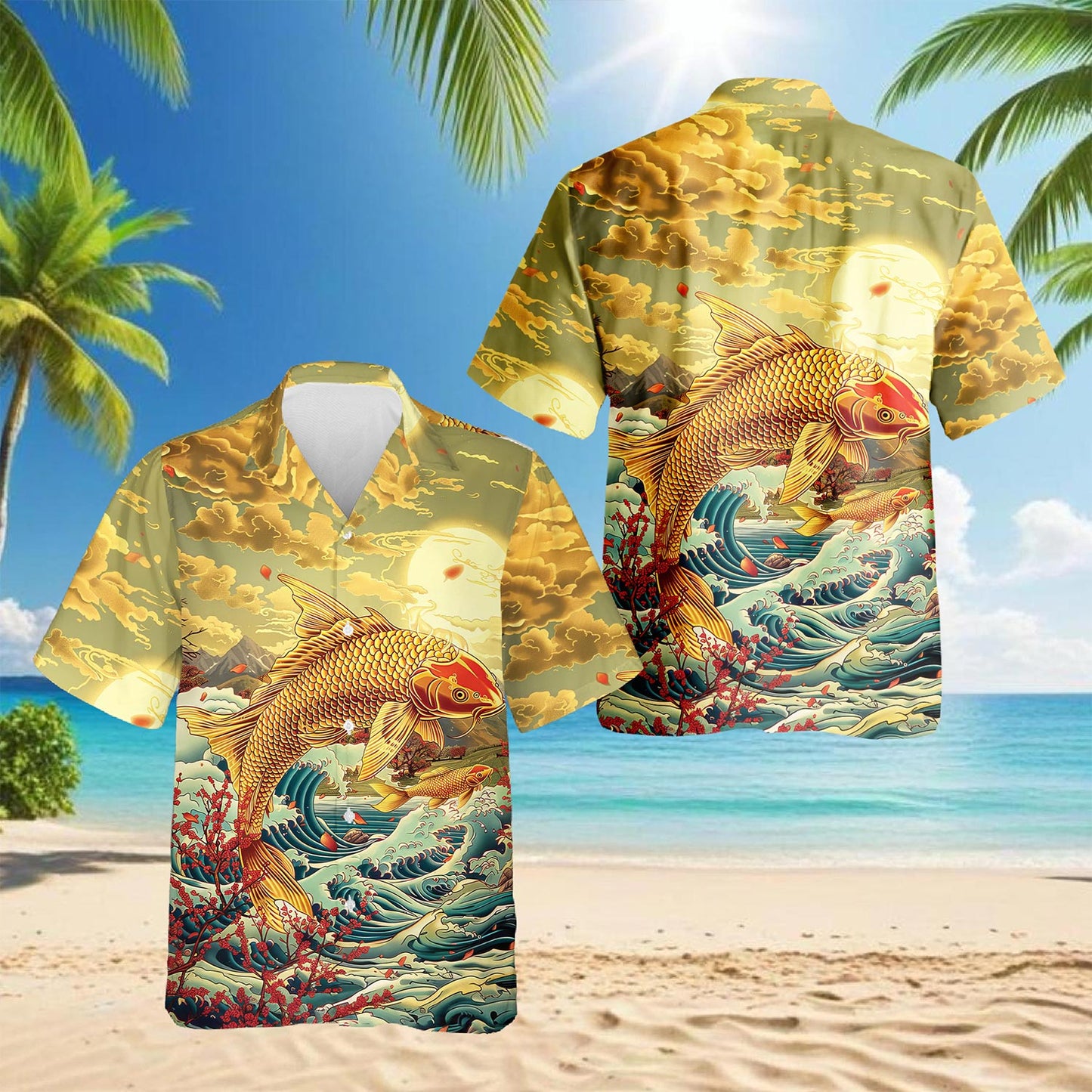 Netecom Japanese Koi Fish Hawaiian Shirt for Men, Button Down Summer Beach Short Sleeve, Sizes S-5XL