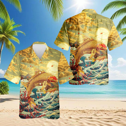 Netecom Japanese Koi Fish Hawaiian Shirt for Men, Button Down Summer Beach Short Sleeve, Sizes S-5XL