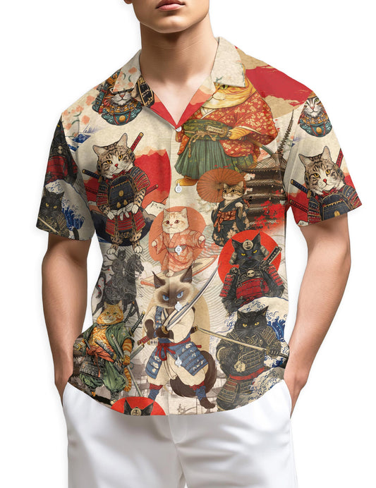 Netecom Japanese Samurai Cat Hawaiian Shirt for Men