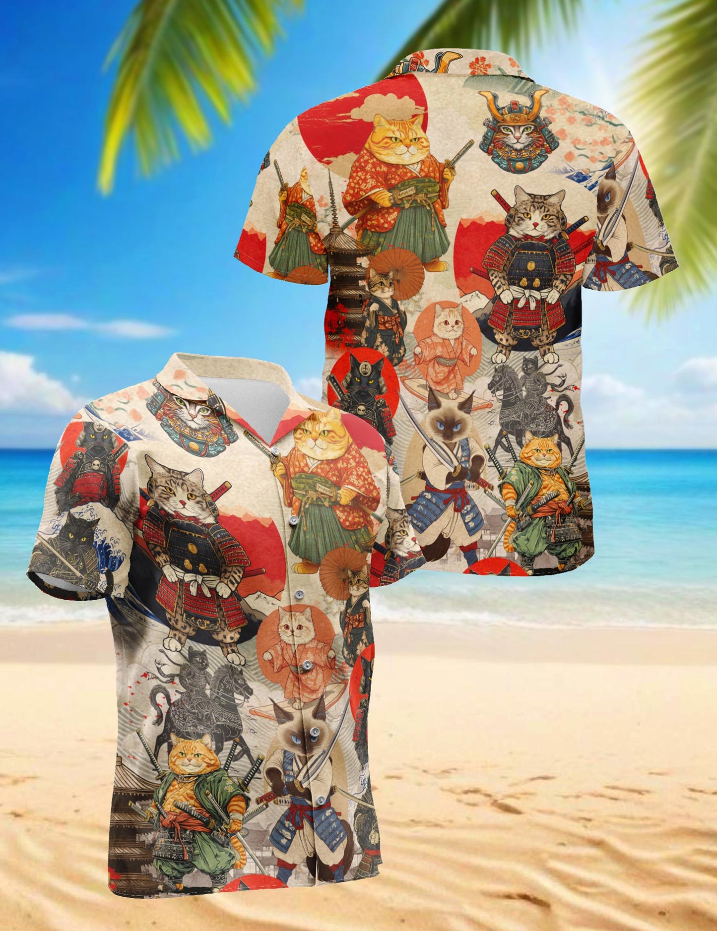 Netecom Japanese Samurai Cat Hawaiian Shirt for Men, Button Down Summer Beach Short Sleeve, S-5XL