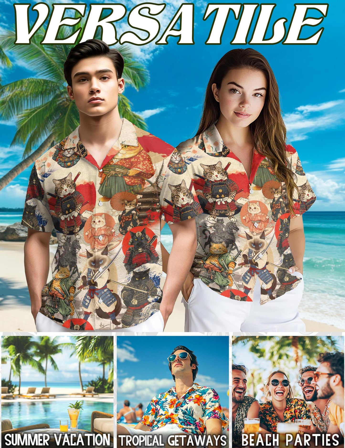 Netecom Japanese Samurai Cat Hawaiian Shirt for Men, Button Down Summer Beach Short Sleeve, S-5XL