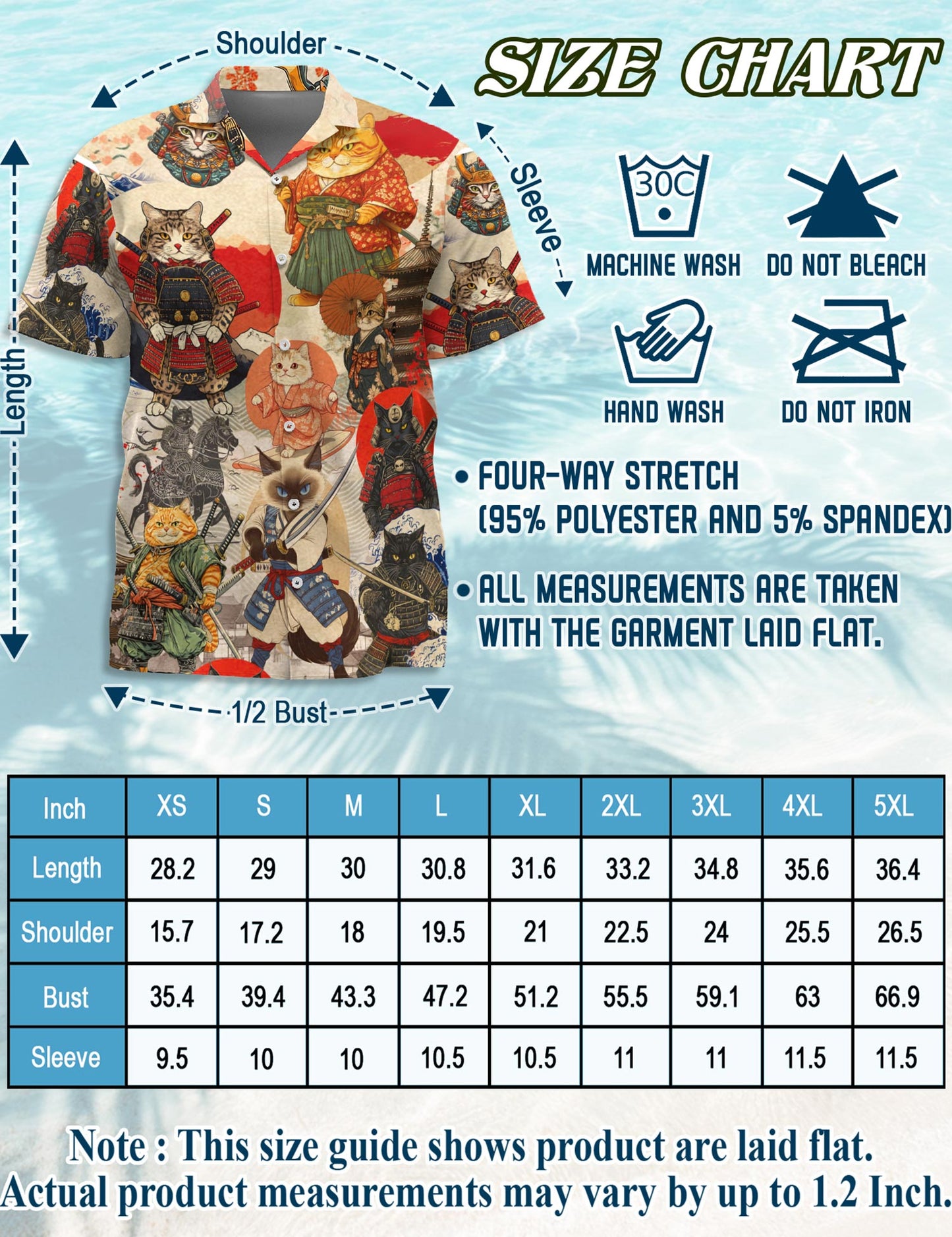 Netecom Japanese Samurai Cat Hawaiian Shirt for Men, Button Down Summer Beach Short Sleeve, S-5XL