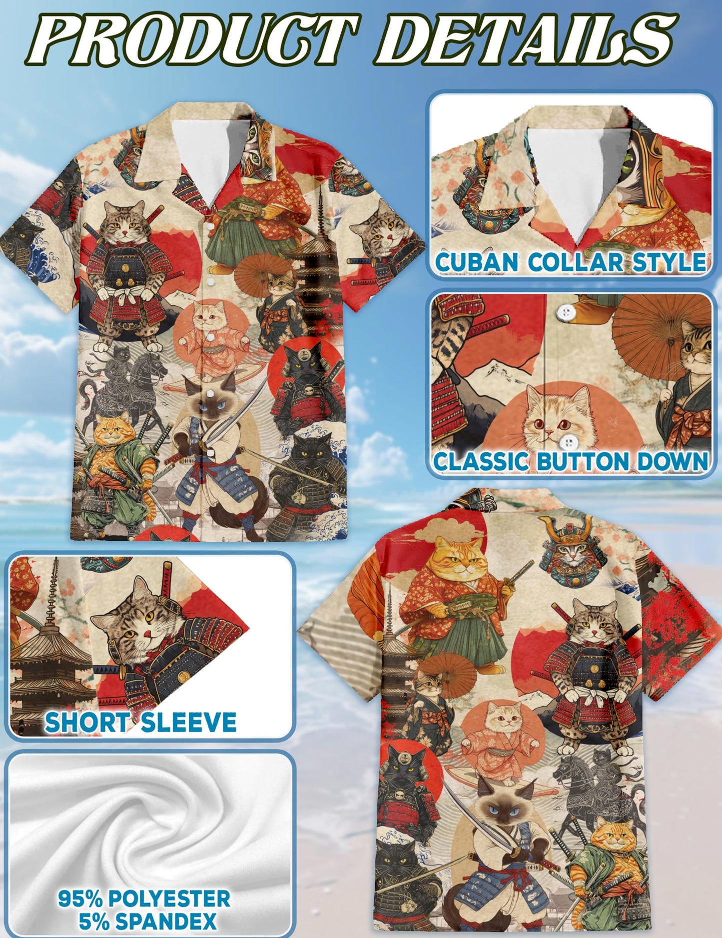 Netecom Japanese Samurai Cat Hawaiian Shirt for Men, Button Down Summer Beach Short Sleeve, S-5XL