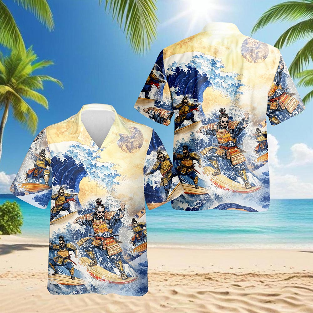 Netecom Japanese Samurai Surfing Hawaiian Shirt for Men, Funny Japanese Art Gift, Button Down Summer Beach Short Sleeve, S-5XL