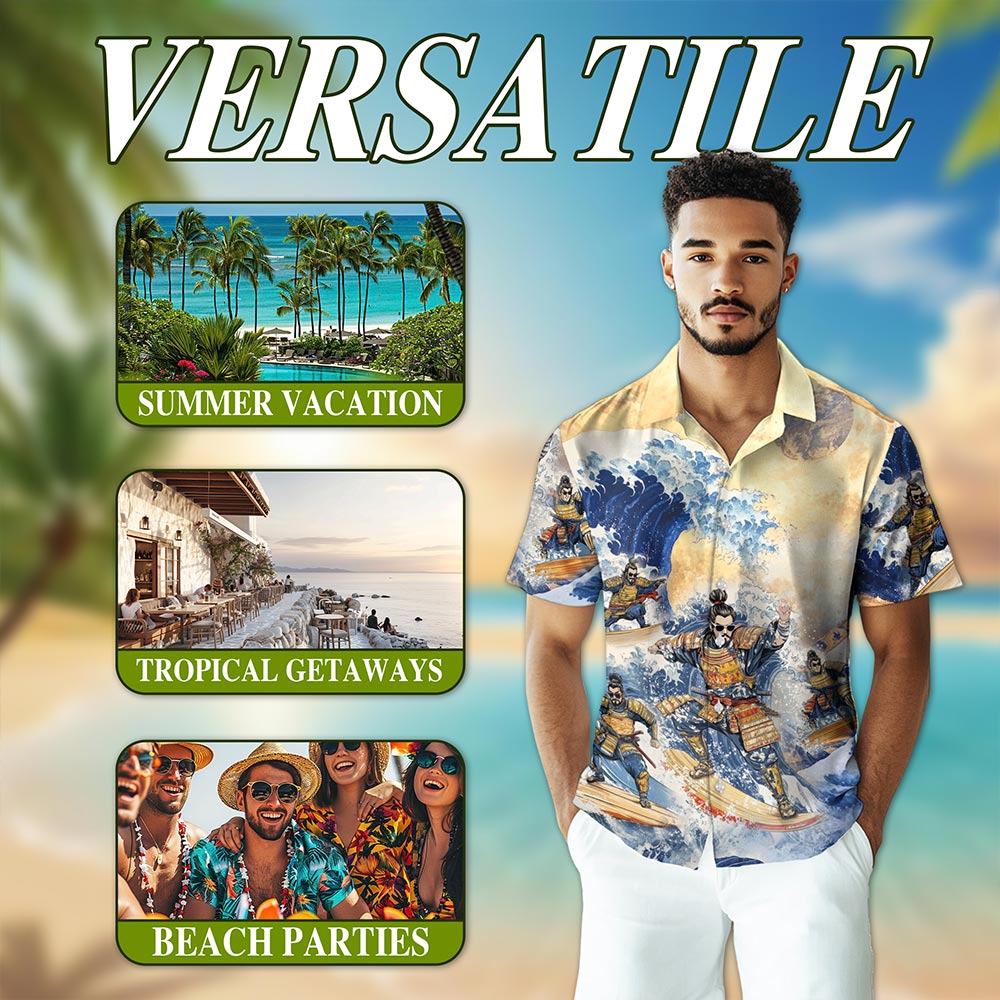 Netecom Japanese Samurai Surfing Hawaiian Shirt for Men, Funny Japanese Art Gift, Button Down Summer Beach Short Sleeve, S-5XL