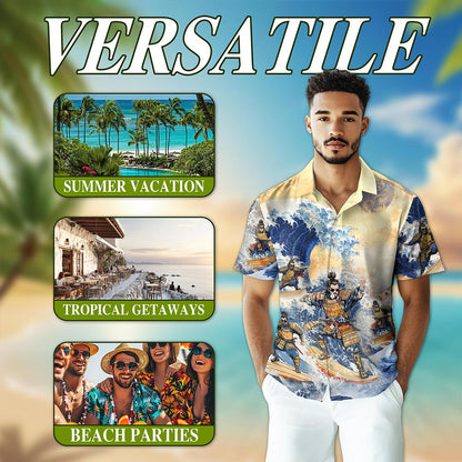 Netecom Japanese Samurai Surfing Hawaiian Shirt for Men, Funny Japanese Art Gift, Button Down Summer Beach Short Sleeve, S-5XL
