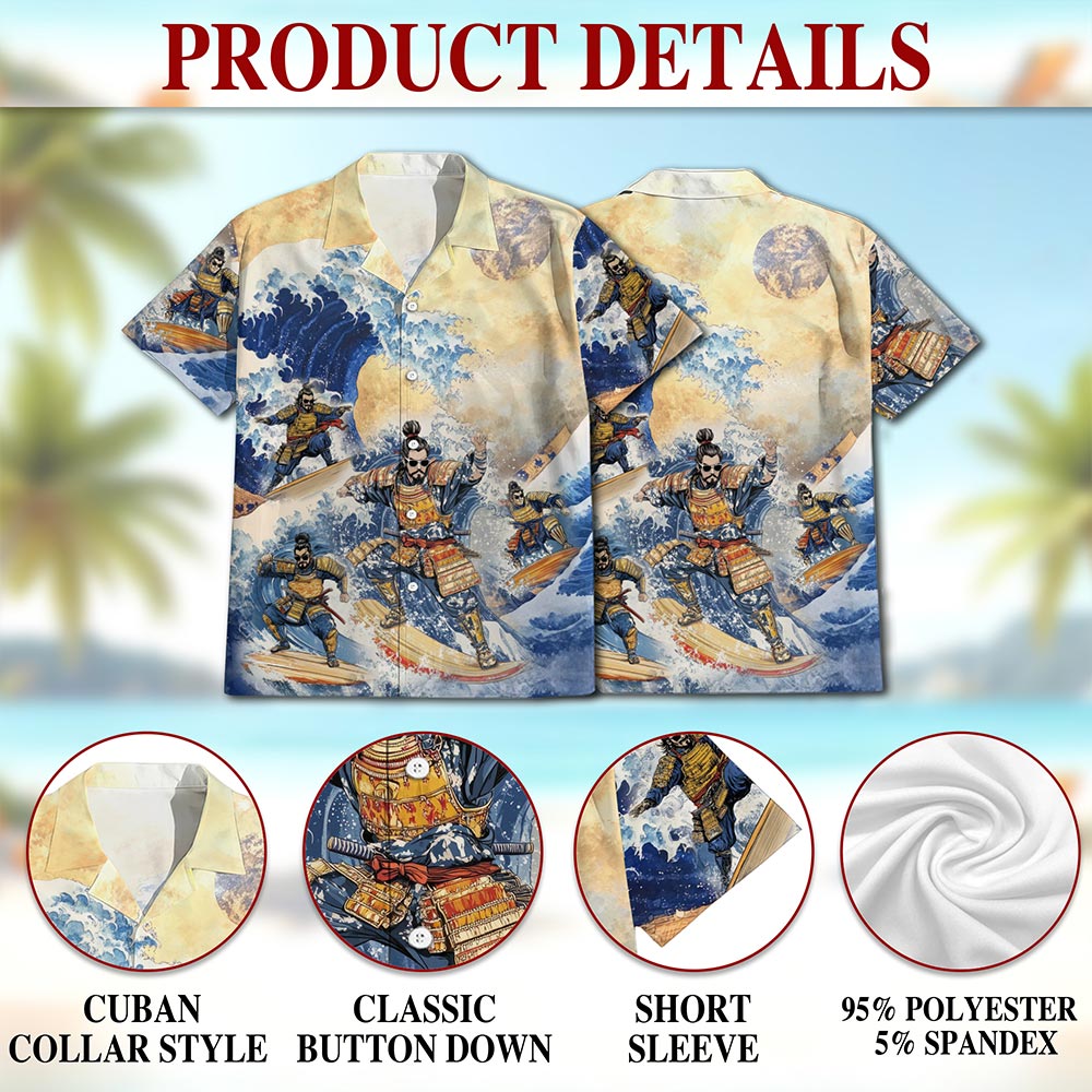 Netecom Japanese Samurai Surfing Hawaiian Shirt for Men, Funny Japanese Art Gift, Button Down Summer Beach Short Sleeve, S-5XL