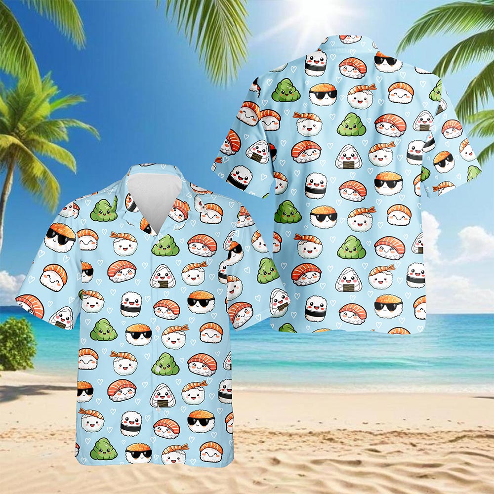 Netecom Japanese Sushi Pattern Hawaiian Shirt for Men, Retro Style, Button Down Summer Beach Short Sleeve, S-5XL