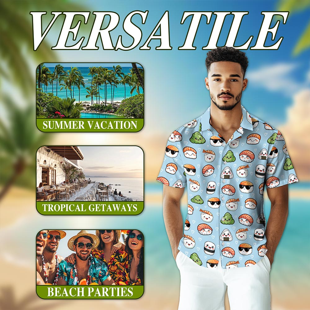 Netecom Japanese Sushi Pattern Hawaiian Shirt for Men, Retro Style, Button Down Summer Beach Short Sleeve, S-5XL