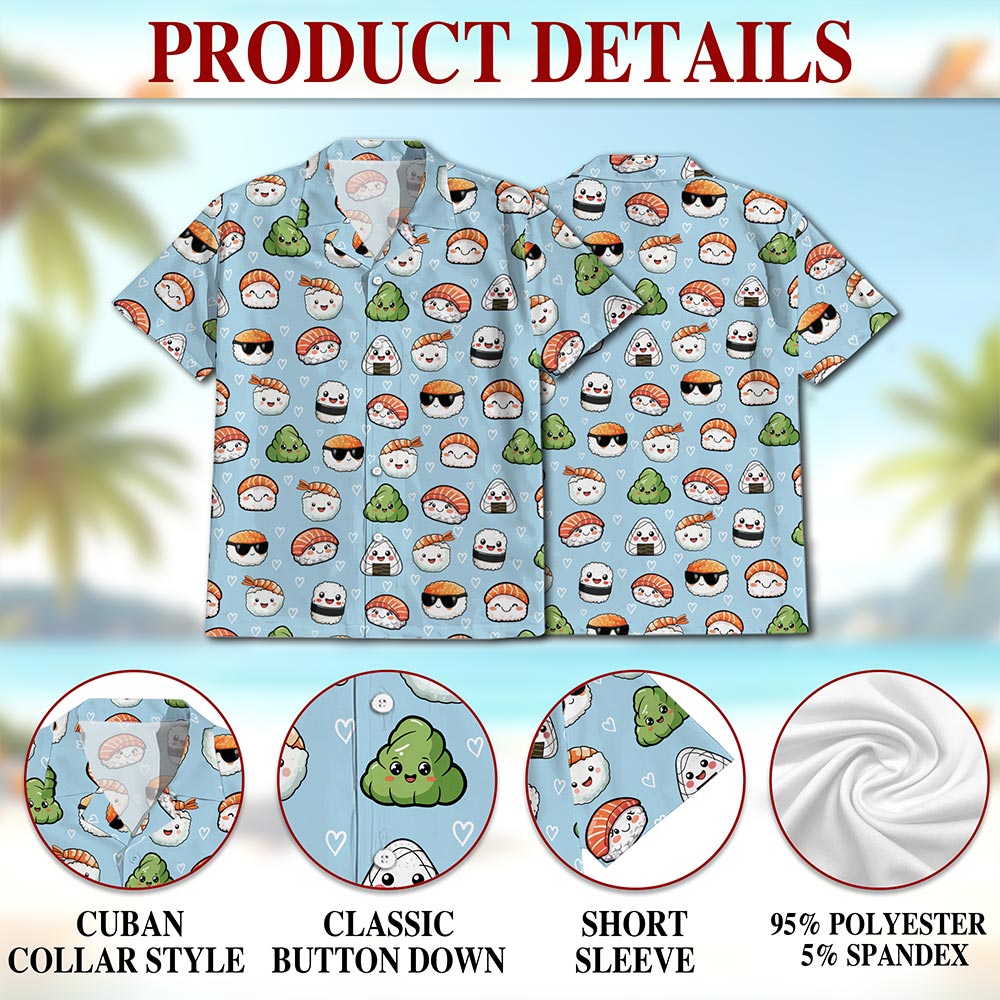 Netecom Japanese Sushi Pattern Hawaiian Shirt for Men, Retro Style, Button Down Summer Beach Short Sleeve, S-5XL