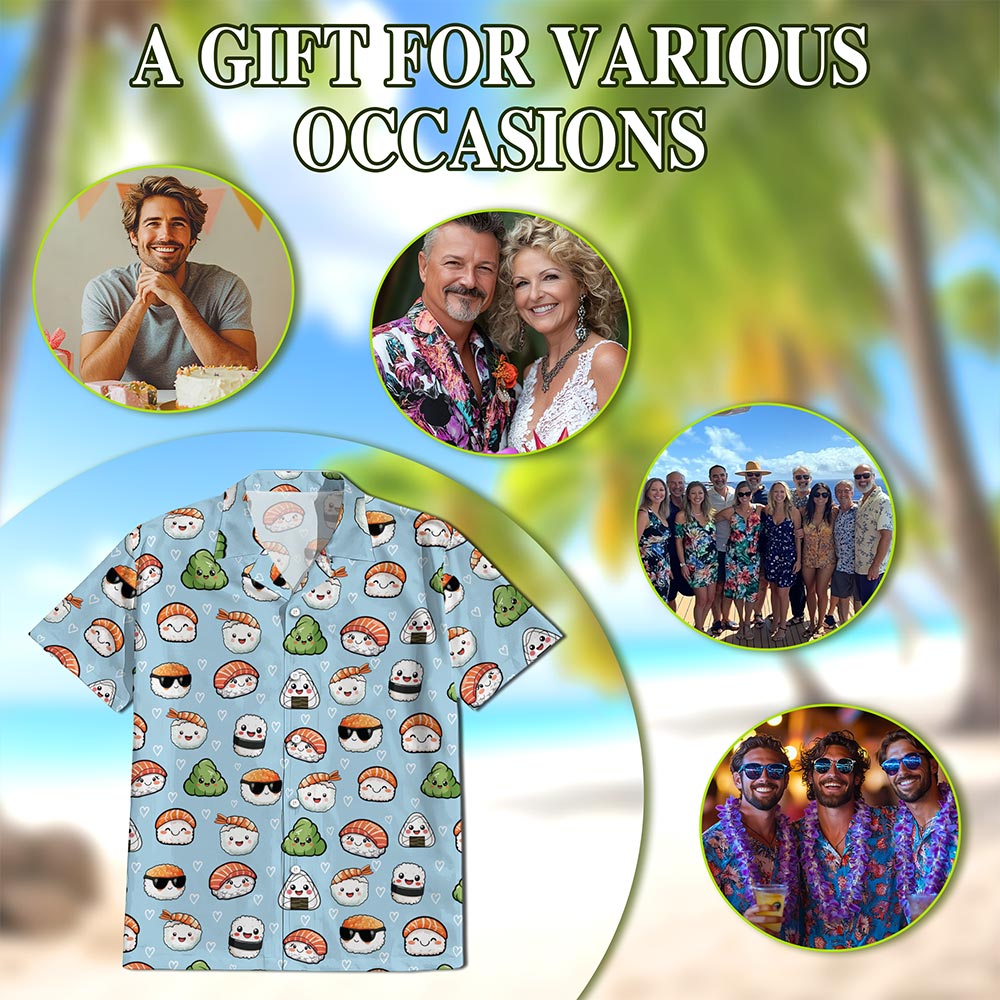 Netecom Japanese Sushi Pattern Hawaiian Shirt for Men, Retro Style, Button Down Summer Beach Short Sleeve, S-5XL