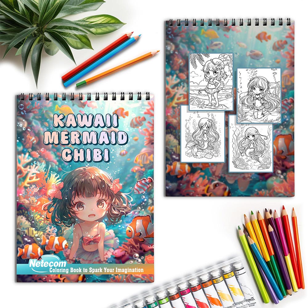 Netecom Kawaii Chibi Mermaid Spiral Coloring Book for Adults
