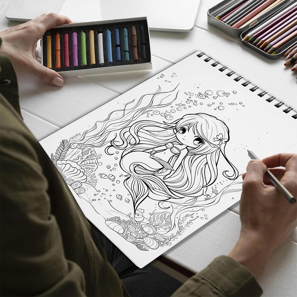 Netecom Kawaii Chibi Mermaid Spiral Bound Coloring Book for Adults