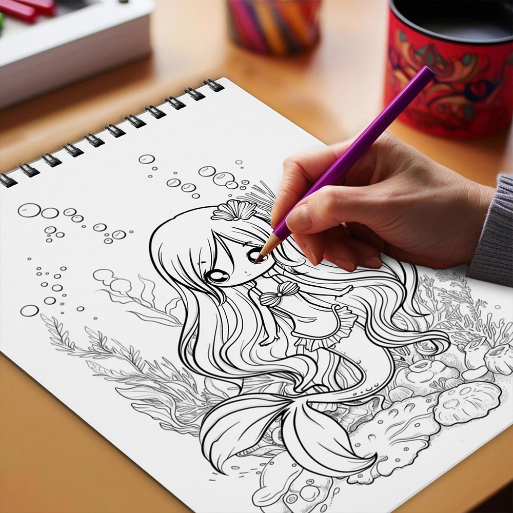 Netecom Kawaii Chibi Mermaid Coloring Book Spiral Bound for Adults
