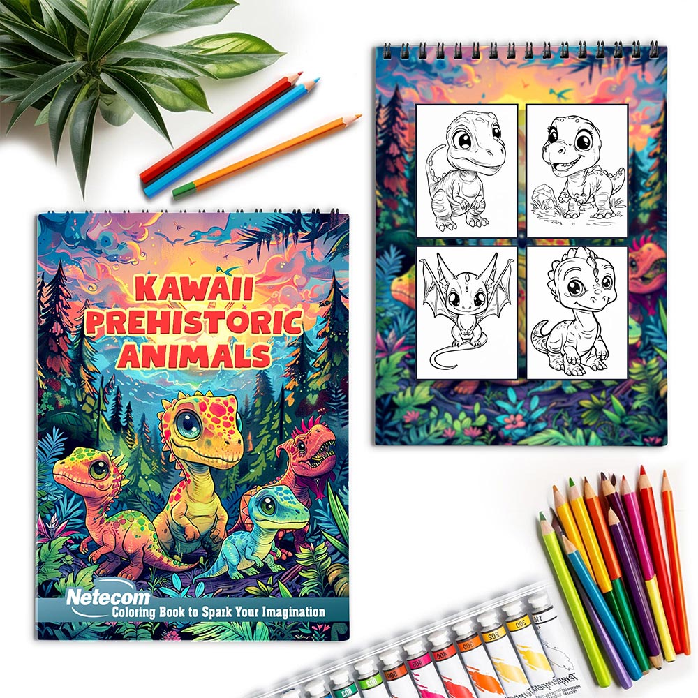 Netecom Kawaii Prehistoric Animals Spiral Coloring Book for Adults