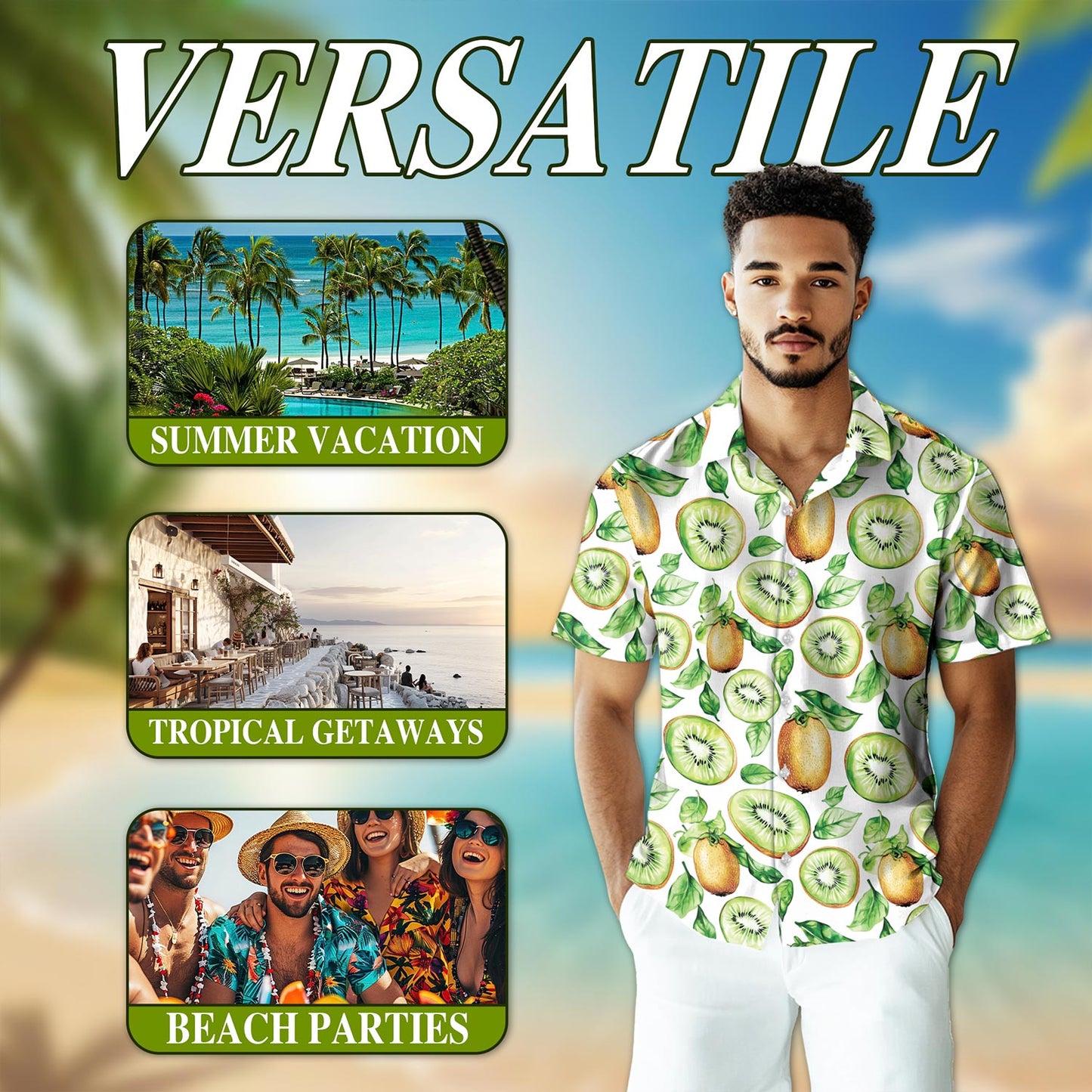 Netecom Kiwi Hawaiian Shirt for Men, Button Down Summer Beach Short Sleeve, Tropical Style, S-5XL