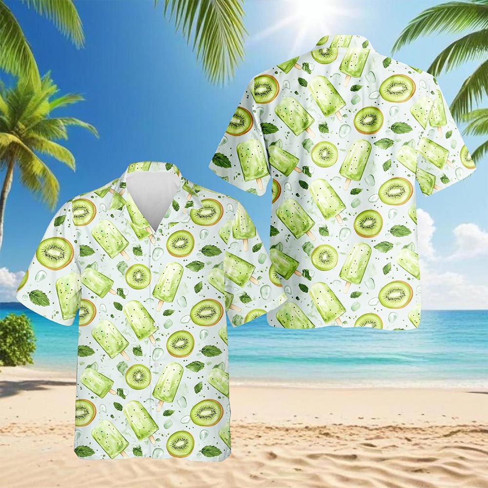 Netecom Kiwi Ice Cream Print Hawaiian Shirt for Men, Ice Cream Lover Gifts, Tropical Button Down Summer Beach Shirts, S-5XL