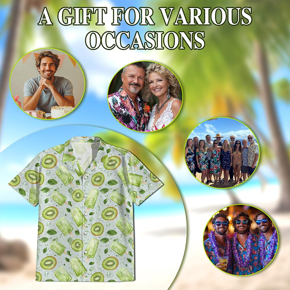 Netecom Kiwi Ice Cream Print Hawaiian Shirt for Men, Ice Cream Lover Gifts, Tropical Button Down Summer Beach Shirts, S-5XL