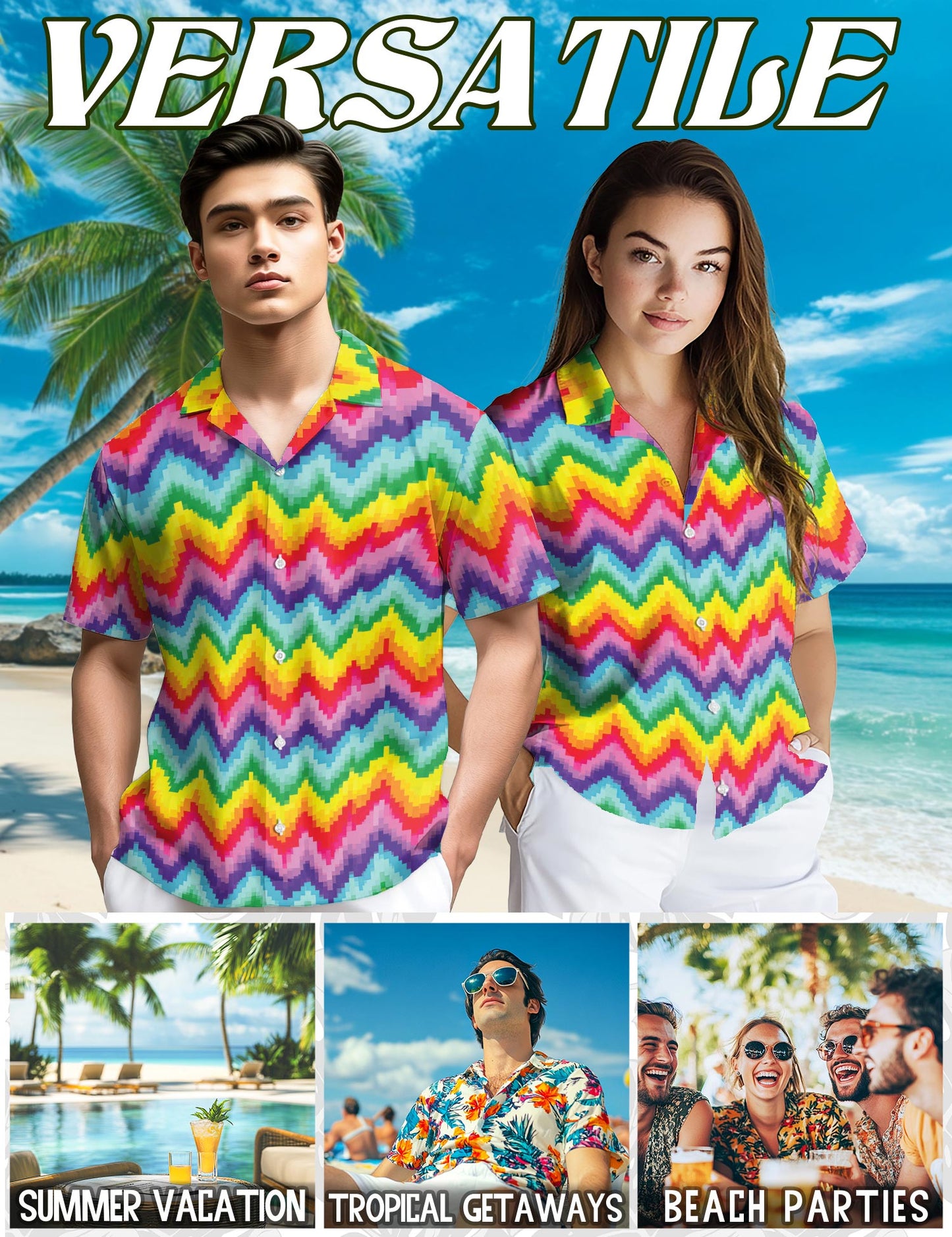 Netecom LGBT Rainbow Pixel Hawaiian Shirt for Men, Pride Retro Style, Tropical Summer Beach Button Down Short Sleeve Shirts, S-5XL