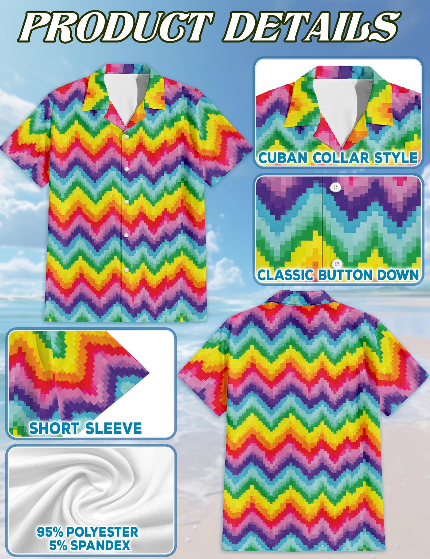 Netecom LGBT Rainbow Pixel Hawaiian Shirt for Men, Pride Retro Style, Tropical Summer Beach Button Down Short Sleeve Shirts, S-5XL