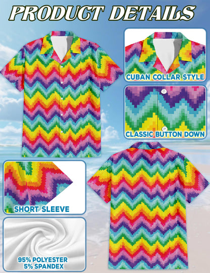Netecom LGBT Rainbow Pixel Hawaiian Shirt for Men, Pride Retro Style, Tropical Summer Beach Button Down Short Sleeve Shirts, S-5XL