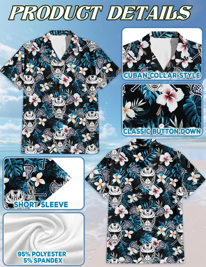 Netecom Lacrosse Time Blue Tropical Hawaiian Shirt for Men, Sports Style, Button Down Summer Beach Short Sleeve, S-5XL
