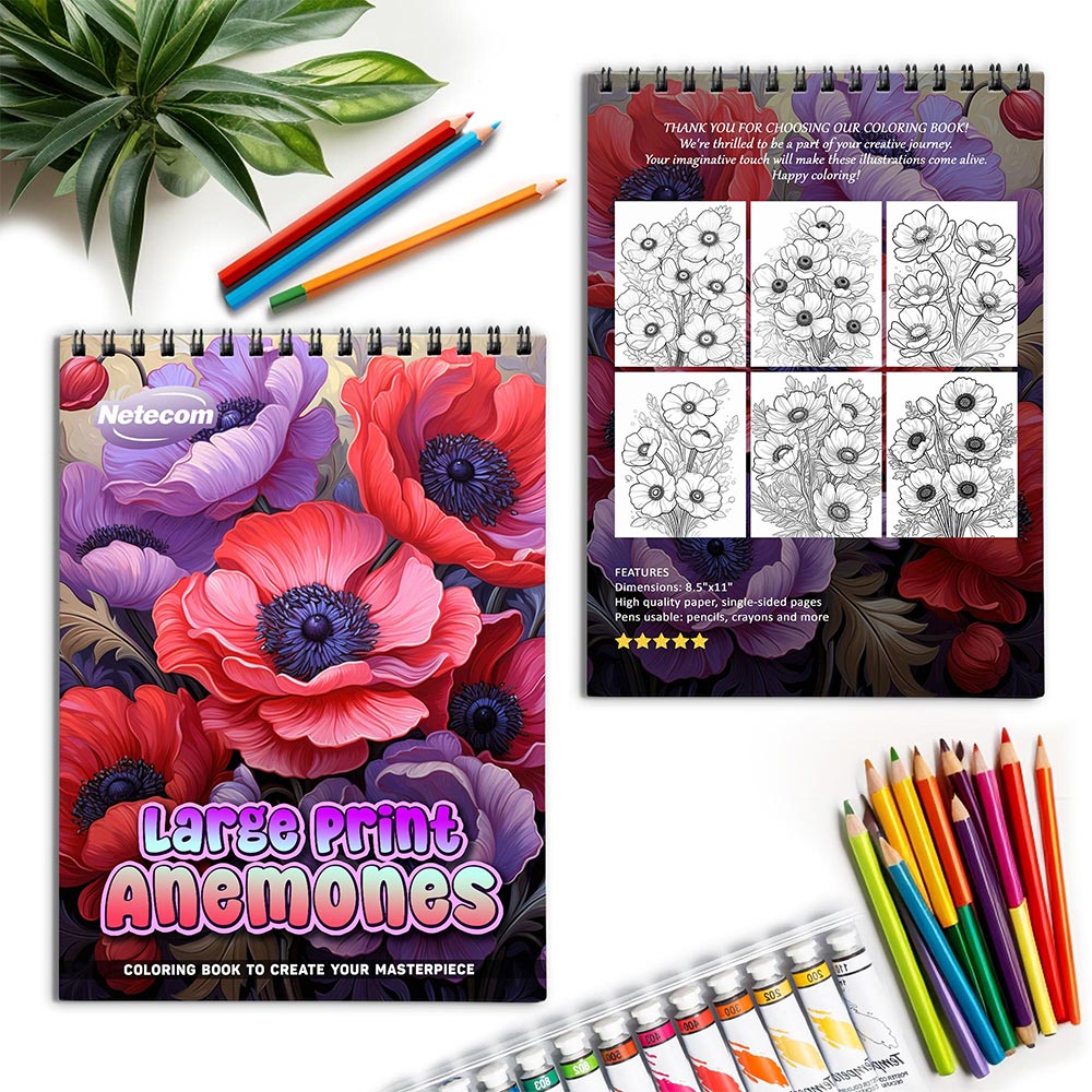 Netecom Large Print Anemones Spiral Coloring Book for Adults