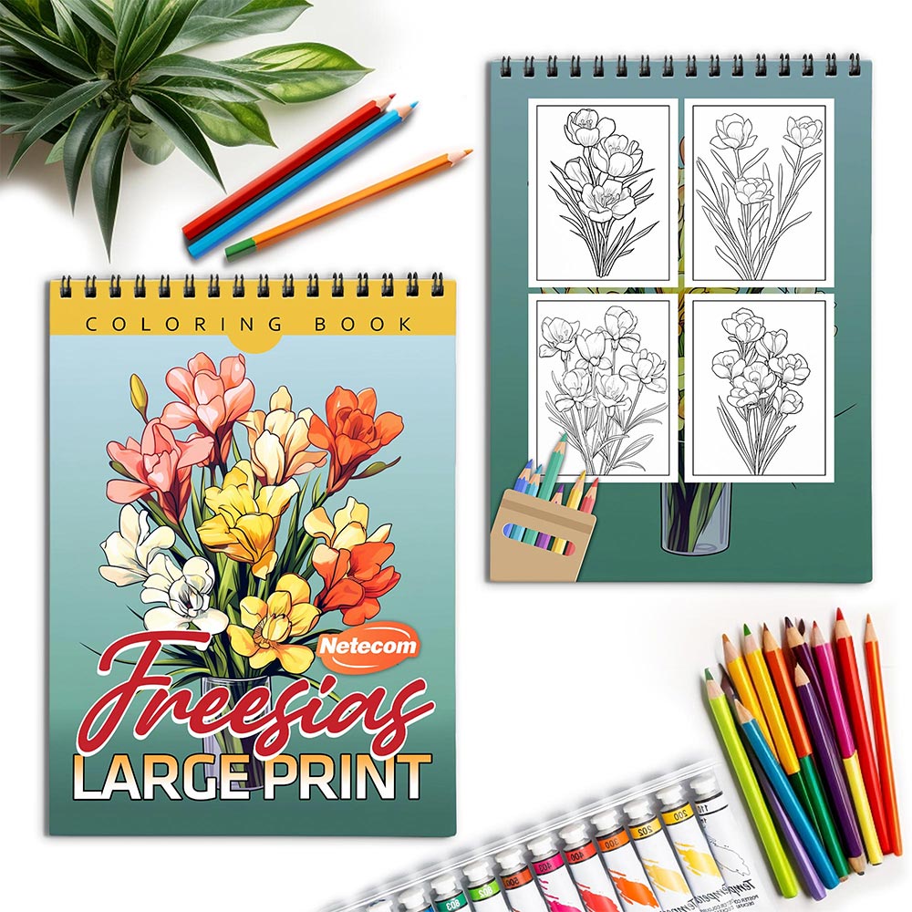 Netecom Large Print Freesias Spiral Coloring Book for Adults