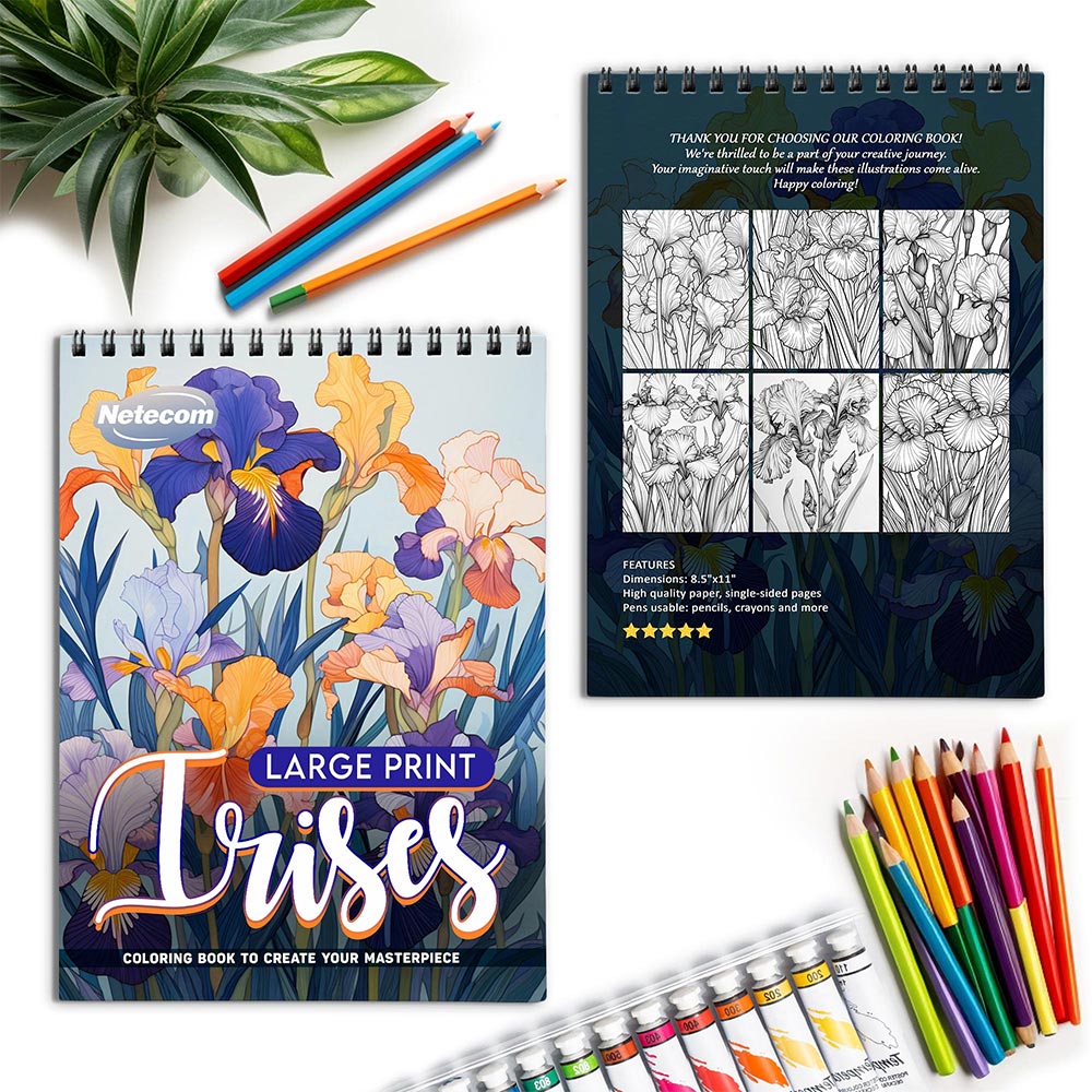 Netecom Large Print Irises Spiral Coloring Book for Adults