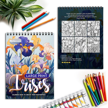 Netecom Large Print Irises Spiral Coloring Book for Adults
