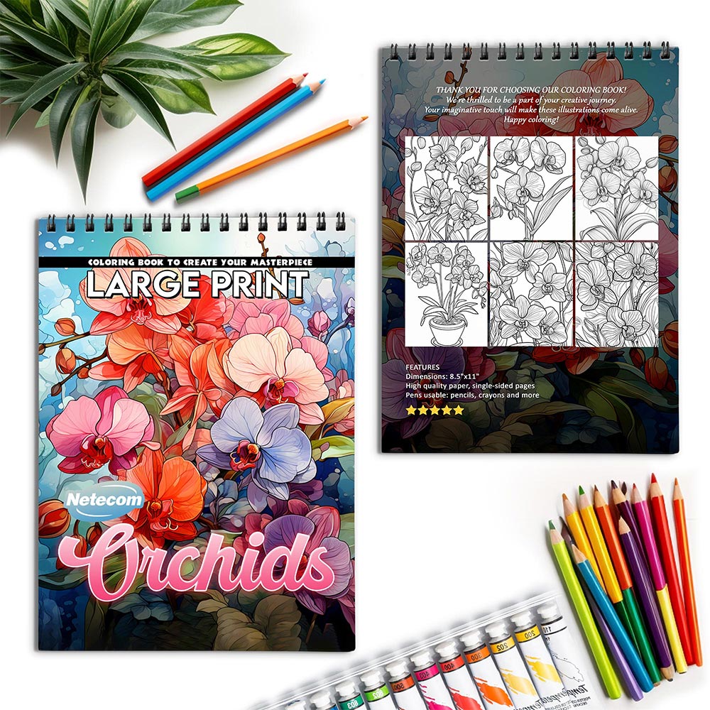 Netecom Large Print Orchids Spiral Coloring Book for Adults