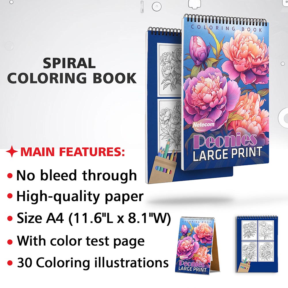 Netecom Large Print Peonies Coloring Sheets for Adults