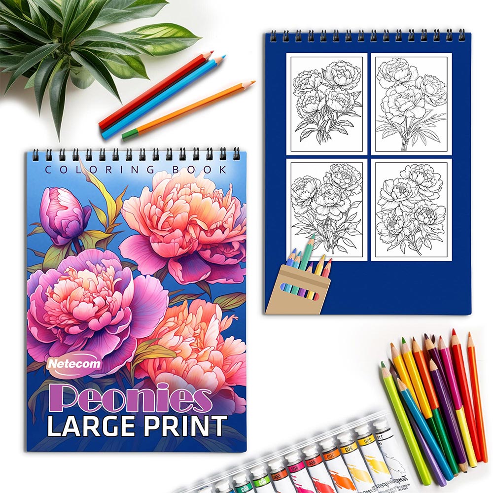 Netecom Large Print Peonies Spiral Coloring Book for Adults