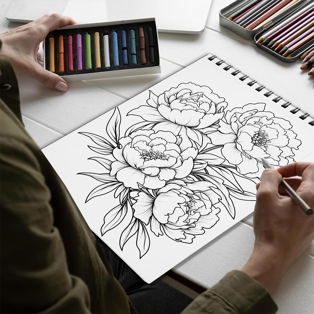 Netecom Large Print Peonies Spiral Bound Coloring Book for Adults