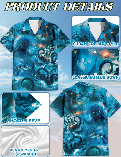 Netecom Legendary Octopus Attack Hawaiian Shirt for Men, Nautical Myth Style, Button Down Summer Beach Short Sleeve, S-5XL