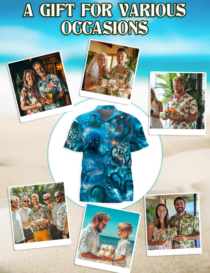 Netecom Legendary Octopus Attack Hawaiian Shirt for Men, Nautical Myth Style, Button Down Summer Beach Short Sleeve, S-5XL