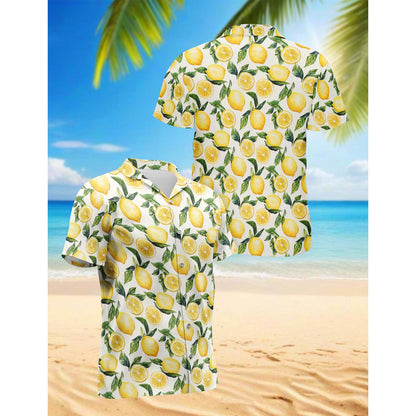 Netecom Lemon Hawaiian Shirt for Men, Button Down Summer Beach Short Sleeve, Vintage Style, Sizes S-5XL