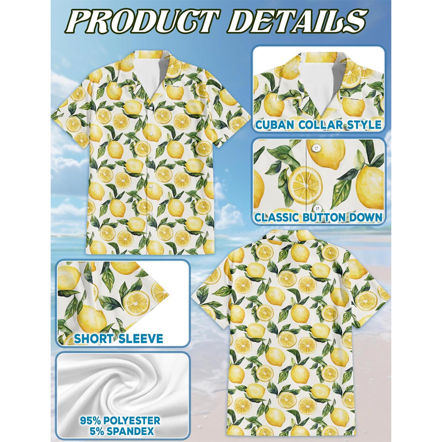 Netecom Lemon Hawaiian Shirt for Men, Button Down Summer Beach Short Sleeve, Vintage Style, Sizes S-5XL