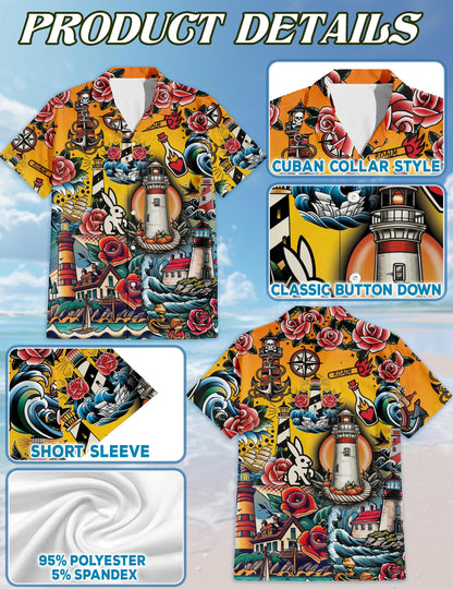Netecom Lighthouse Hawaiian Shirt for Men, Button Down Summer Beach Short Sleeve, Sizes S-5XL