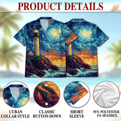 Netecom Lighthouse Hawaiian Shirt for Men, Artistic Style, Button Down Summer Beach Short Sleeve, S-5XL