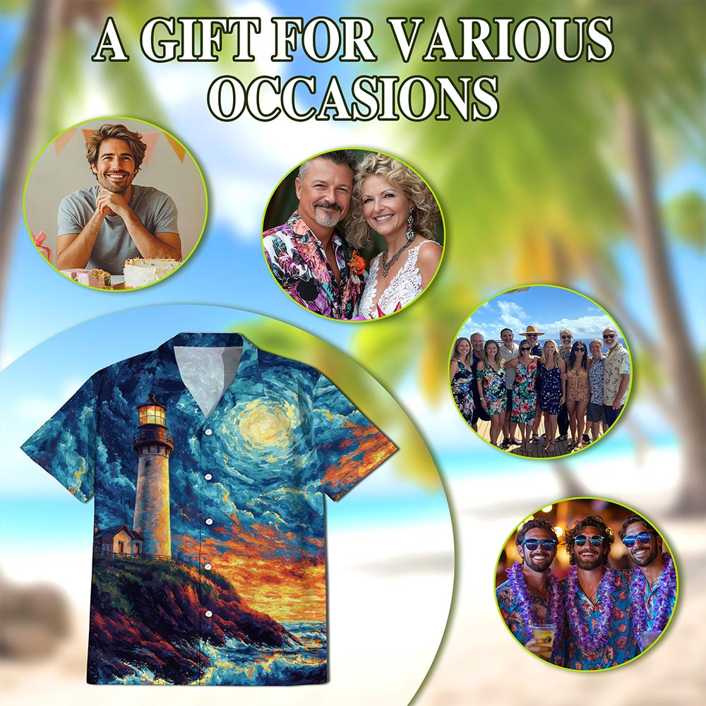 Netecom Lighthouse Hawaiian Shirt for Men, Artistic Style, Button Down Summer Beach Short Sleeve, S-5XL