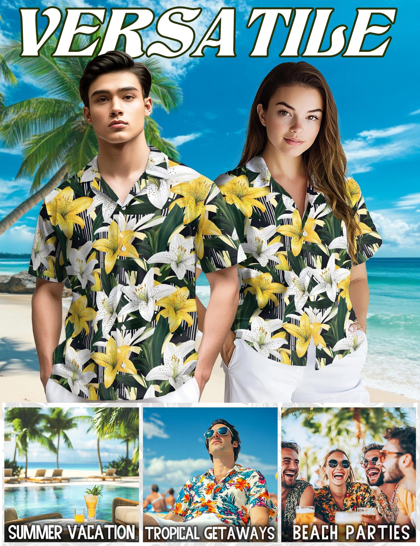 Netecom Lily Flower Hawaiian Shirt for Men, Floral Style, Button Down Summer Beach Short Sleeve, S-5XL