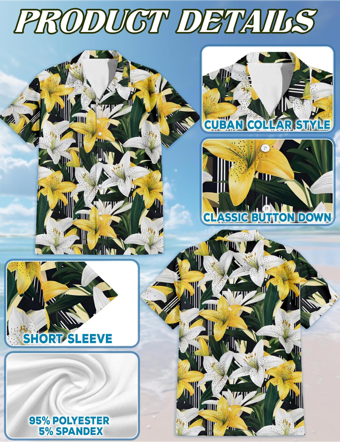Netecom Lily Flower Hawaiian Shirt for Men, Floral Style, Button Down Summer Beach Short Sleeve, S-5XL