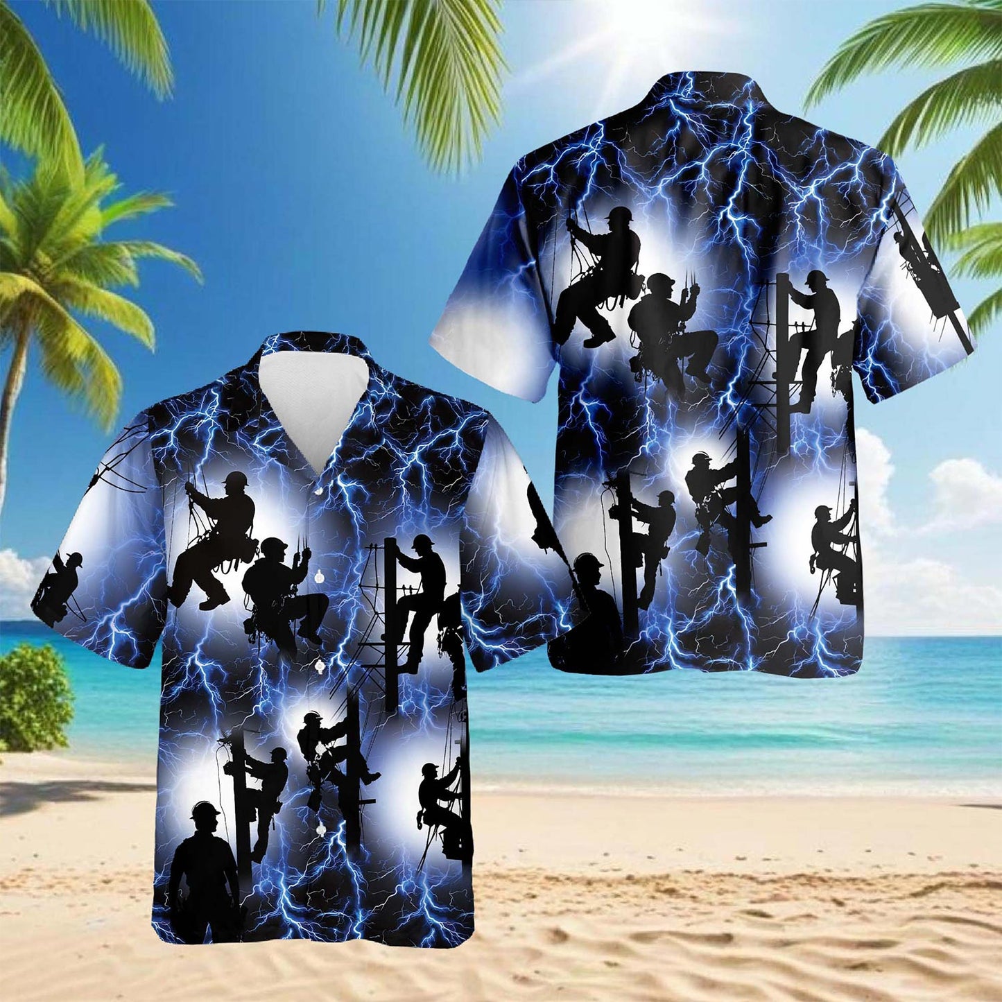 Netecom Lineman Lightning Hawaiian Shirt for Men, Button Down Summer Beach Short Sleeve, S-5XL