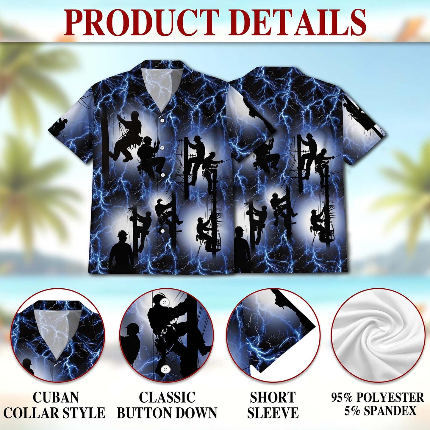 Netecom Lineman Lightning Hawaiian Shirt for Men, Button Down Summer Beach Short Sleeve, S-5XL