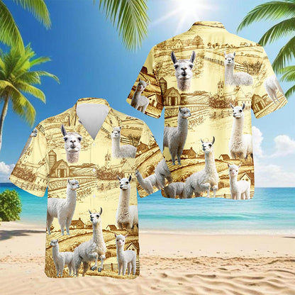 Netecom Llama Lovers Farm Hawaiian Shirt for Men, Button Down Summer Beach Short Sleeve, S-5XL