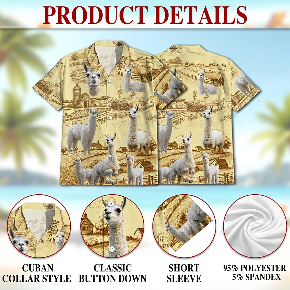 Netecom Llama Lovers Farm Hawaiian Shirt for Men, Button Down Summer Beach Short Sleeve, S-5XL